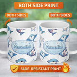 Personalized Custom Name Cute Dolphin Stingray Starfish Ocean Sea Life Light Grey Background 11oz Ceramic Coffee Tea Mug White Large Handle