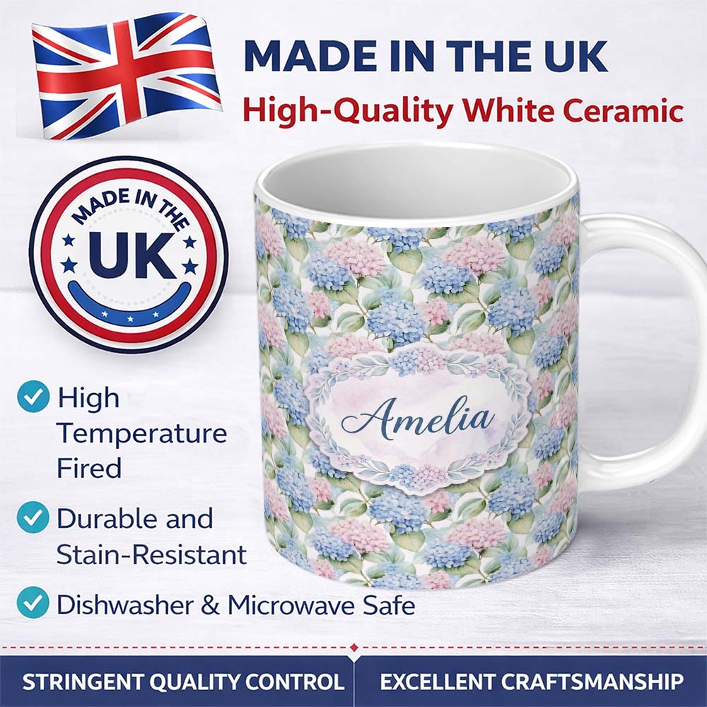 Personalized Custom Name Pastel Blue and Pink Hydrangea Floral Seamless Pattern Lovely 11oz Ceramic Coffee Tea Mug White Large Handle