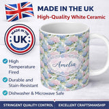Personalized Custom Name Pastel Blue and Pink Hydrangea Floral Seamless Pattern Lovely 11oz Ceramic Coffee Tea Mug White Large Handle