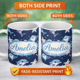 Personalized Custom Name Cute Dolphin Stingray Starfish Cartoon Sea Life Pattern Navy Lovely 11oz Ceramic Coffee Tea Mug White Large Handle