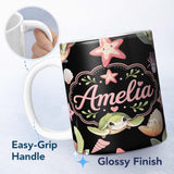 Personalized Custom Name Cute Cartoon Sea Turtle Starfish Shells on White Background Seamless 11oz Ceramic Coffee Tea Mug White Large Handle