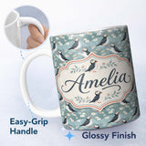 Personalized Custom Name Puffin and Daisy Field Pattern Soft Blue Nature Seamless Design 11oz Ceramic Coffee Tea Mug White Large Handle