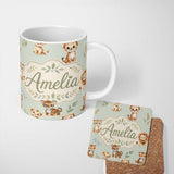 Personalized Custom Name Cute Baby Jungle Animals with Leaves on Sage Green Background Lovely 11oz Ceramic Coffee Tea Mug White Large Handle