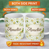 Personalized Custom Name Light Botanical Avocado Leaf Pattern Beautiful Coffee Cup Lovely 11oz Ceramic Coffee Tea Mug White Large Handle
