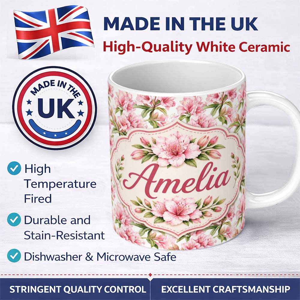 Personalized Custom Name Delicate Pink Lily Flowers on White Background Seamless Pattern 11oz Ceramic Coffee Tea Mug White Large Handle