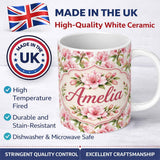 Personalized Custom Name Delicate Pink Lily Flowers on White Background Seamless Pattern 11oz Ceramic Coffee Tea Mug White Large Handle