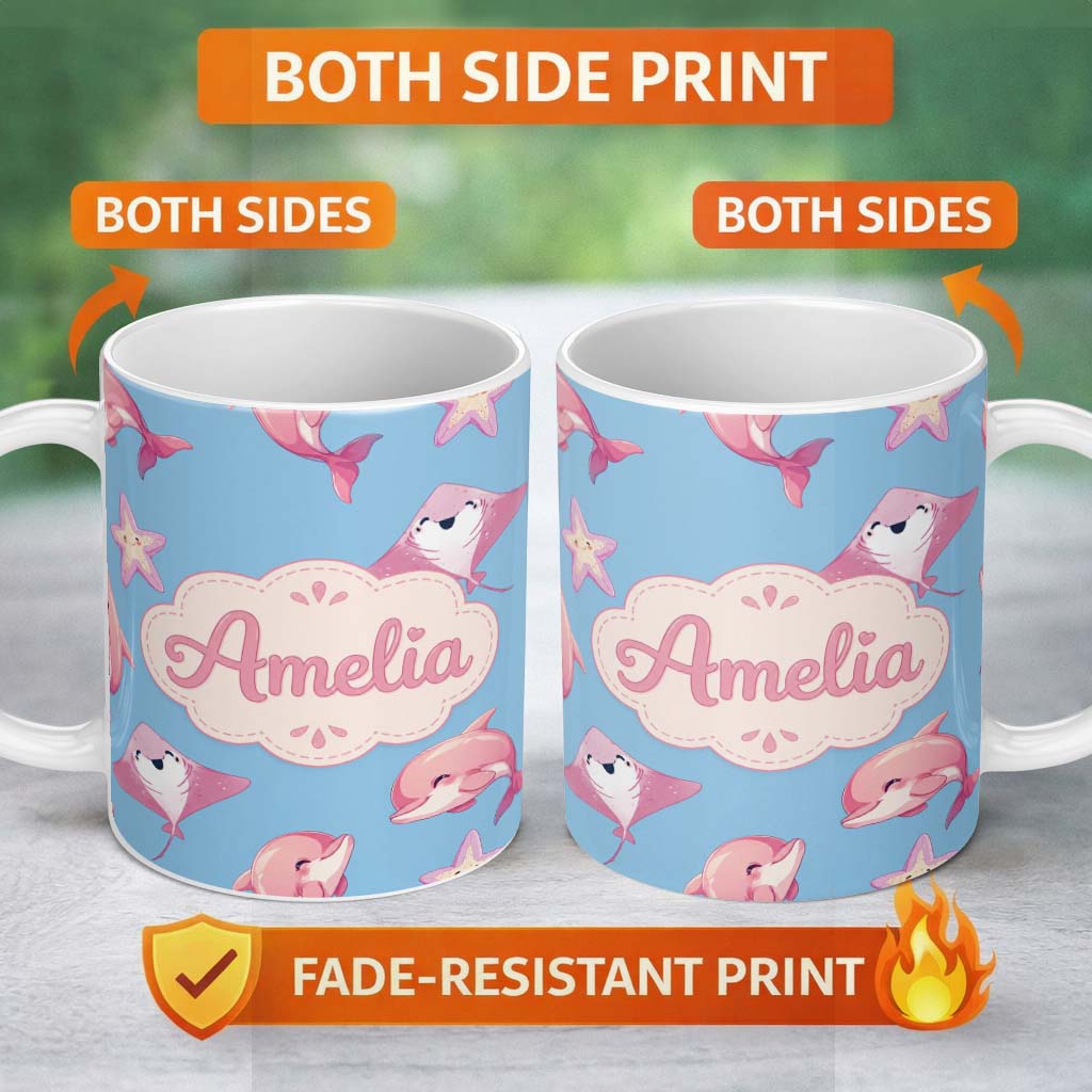 Personalized Custom Name Cute Pink Dolphins and Starfish Seamless Ocean Pattern Soft Blue 11oz Ceramic Coffee Tea Mug White Large Handle