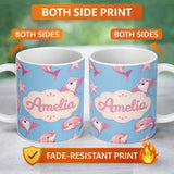 Personalized Custom Name Cute Pink Dolphins and Starfish Seamless Ocean Pattern Soft Blue 11oz Ceramic Coffee Tea Mug White Large Handle