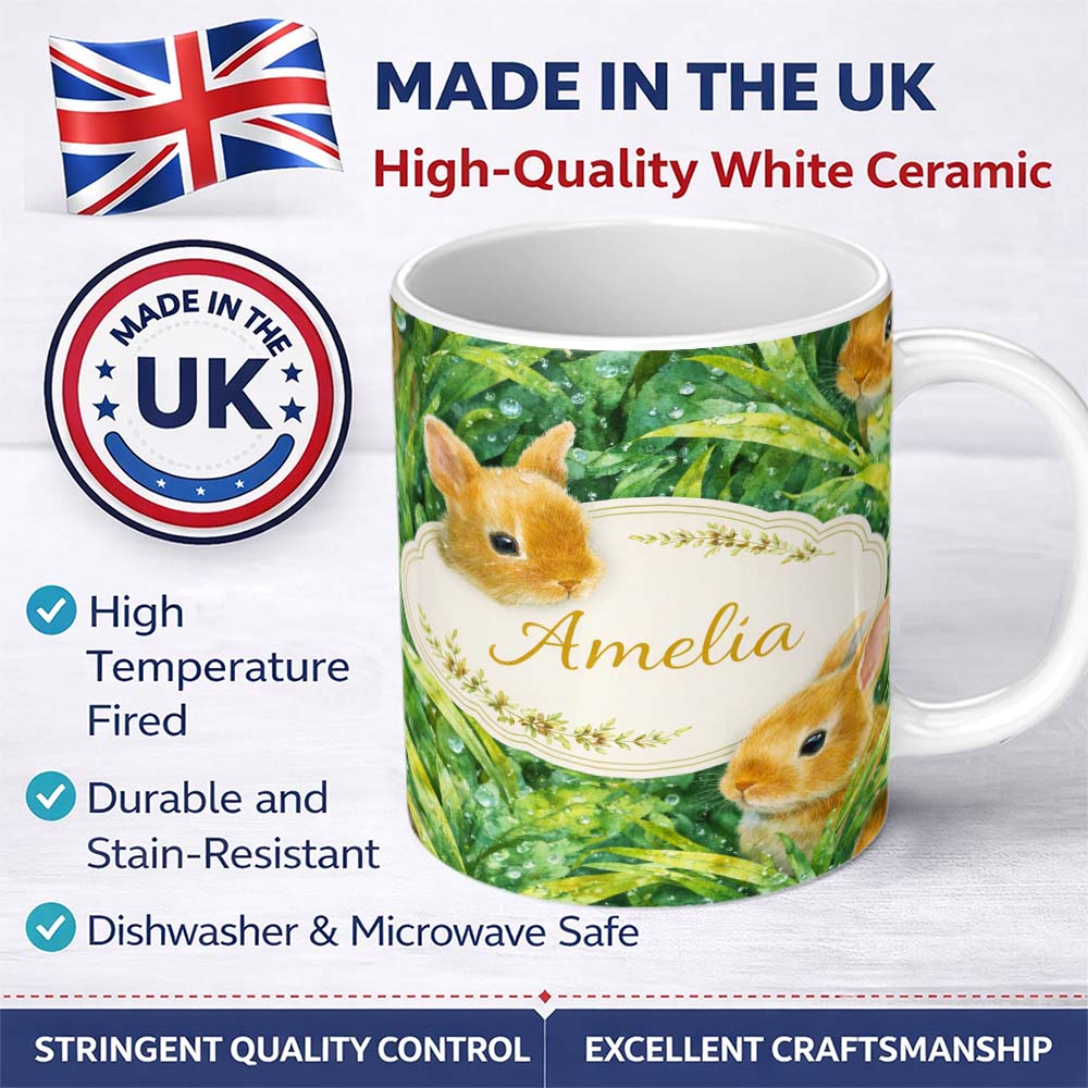 Personalized Custom Name Watercolor Bunny in Leaves Seamless Pattern Cute Animal Nature 11oz Ceramic Coffee Tea Mug White Large Handle
