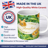 Personalized Custom Name Watercolor Bunny in Leaves Seamless Pattern Cute Animal Nature 11oz Ceramic Coffee Tea Mug White Large Handle