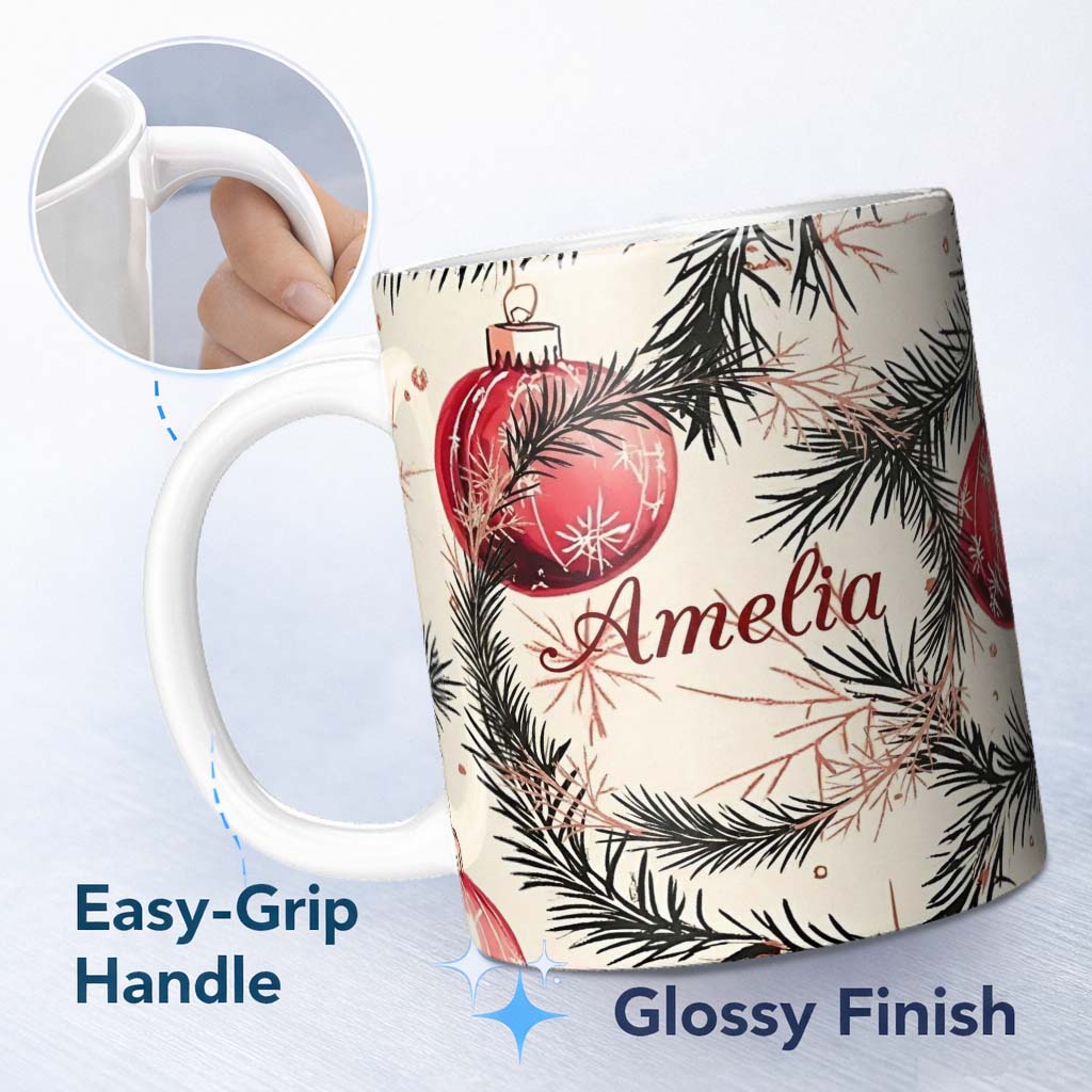 Personalized Custom Name Red Christmas Baubles Pine Branch Winter Seamless Pattern Lovely 11oz Ceramic Coffee Tea Mug White Large Handle