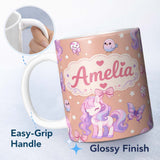 Personalized Custom Name Cute Pastel Unicorn Butterfly Candy Stars Peach Background Seamless 11oz Ceramic Coffee Tea Mug White Large Handle