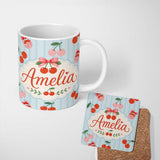 Personalized Custom Name Cute Cherry Fruit with Bow and Sprinkles Pattern Blue Stripe Lovely 11oz Ceramic Coffee Tea Mug White Large Handle