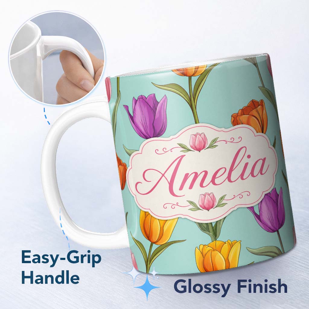 Personalized Custom Name Elegant Tulip Floral Seamless Pattern Teal Background Spring Flowers 11oz Ceramic Coffee Tea Mug White Large Handle