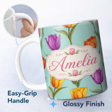 Personalized Custom Name Elegant Tulip Floral Seamless Pattern Teal Background Spring Flowers 11oz Ceramic Coffee Tea Mug White Large Handle