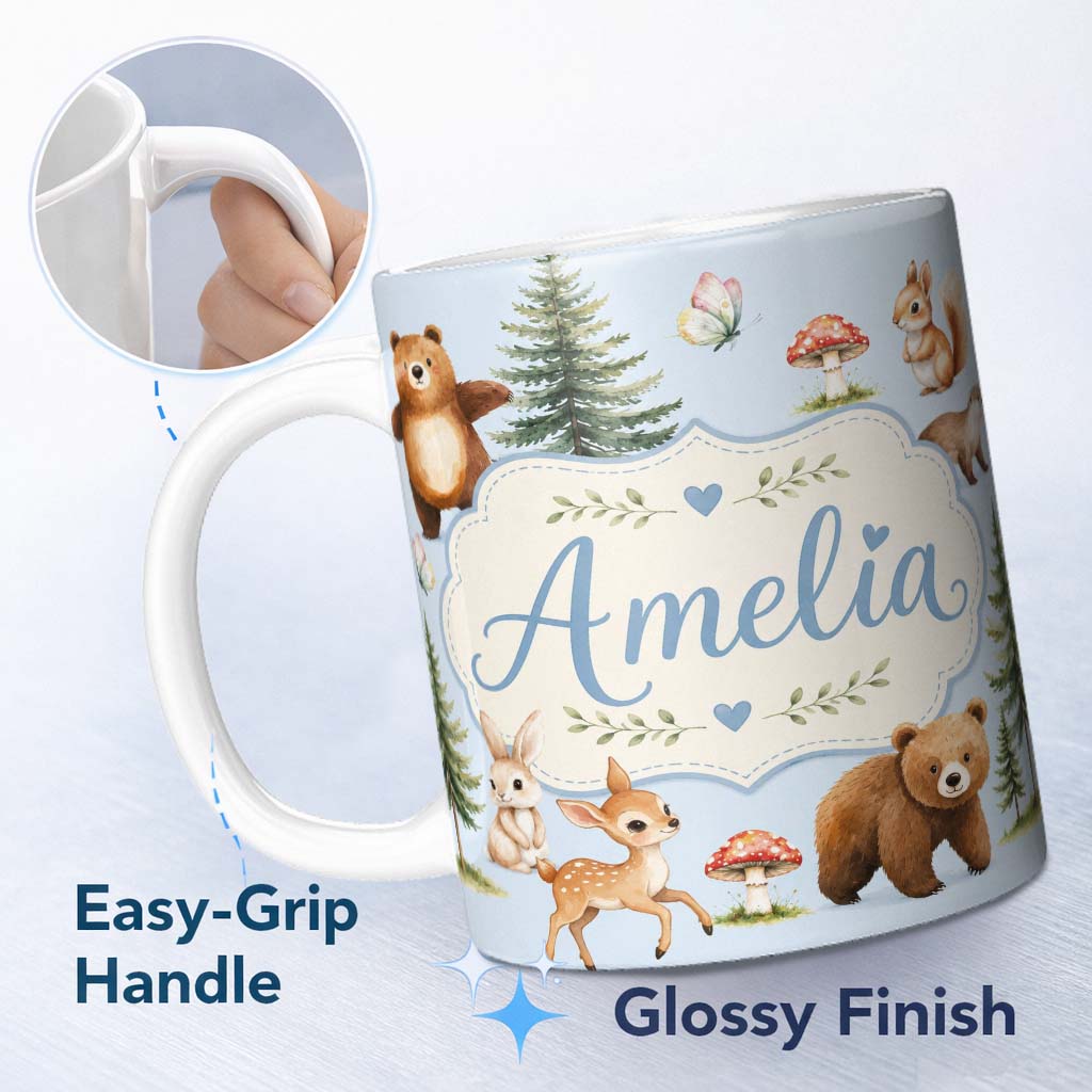 Personalized Custom Name Bear Bunny Squirrel Trees Mushrooms Butterfly Soft Blue Seamless 11oz Ceramic Coffee Tea Mug White Large Handle