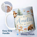 Personalized Custom Name Bear Bunny Squirrel Trees Mushrooms Butterfly Soft Blue Seamless 11oz Ceramic Coffee Tea Mug White Large Handle