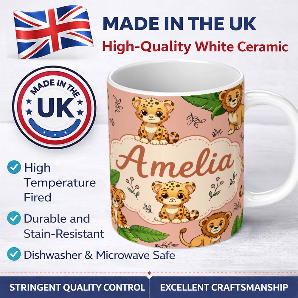 Personalized Custom Name Cute Jungle Animals Lion Tiger Leopard Tropical Leaves Peach Lovely 11oz Ceramic Coffee Tea Mug White Large Handle