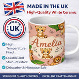 Personalized Custom Name Cute Jungle Animals Lion Tiger Leopard Tropical Leaves Peach Lovely 11oz Ceramic Coffee Tea Mug White Large Handle