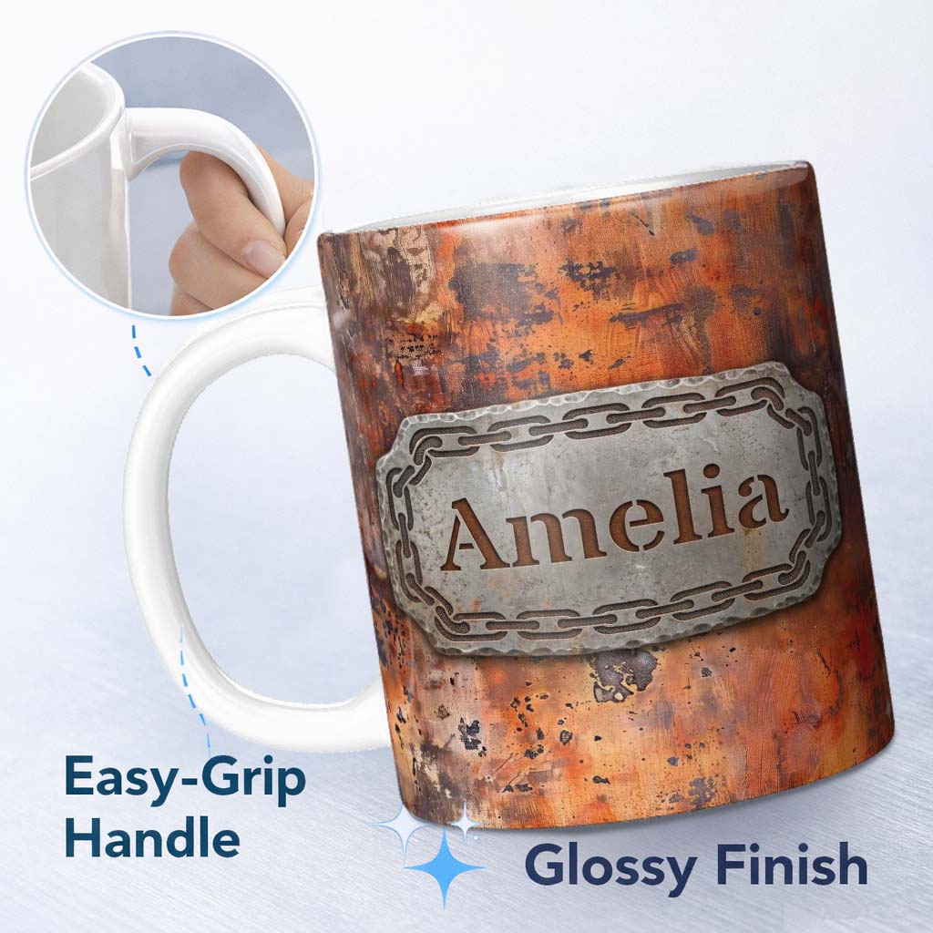 Personalized Custom Name Weathered Rust Surface with Crack Detail Grunge Seamless Pattern 11oz Ceramic Coffee Tea Mug White Large Handle