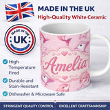 Personalized Custom Name Pink Dolphin Stingray Starfish Ocean Creatures Soft Blush Polka Dot 11oz Ceramic Coffee Tea Mug White Large Handle