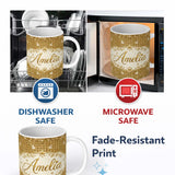 Personalized Custom Name Gold Grid Christmas Tree Glitter Seamless Pattern Design Festive 11oz Ceramic Coffee Tea Mug White Large Handle