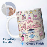 Personalized Custom Name Cute Kawaii Graduate Boy Science Art Supplies Seamless Pattern Cream 11oz Ceramic Coffee Tea Mug White Large Handle