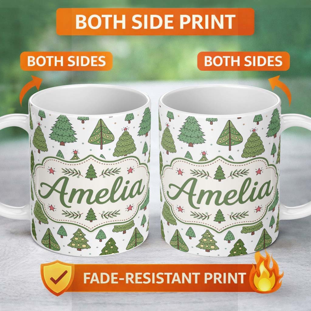 Personalized Custom Name Hand Drawn Christmas Trees with Ornaments and Dots Cute Seamless 11oz Ceramic Coffee Tea Mug White Large Handle