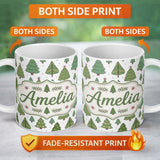 Personalized Custom Name Hand Drawn Christmas Trees with Ornaments and Dots Cute Seamless 11oz Ceramic Coffee Tea Mug White Large Handle