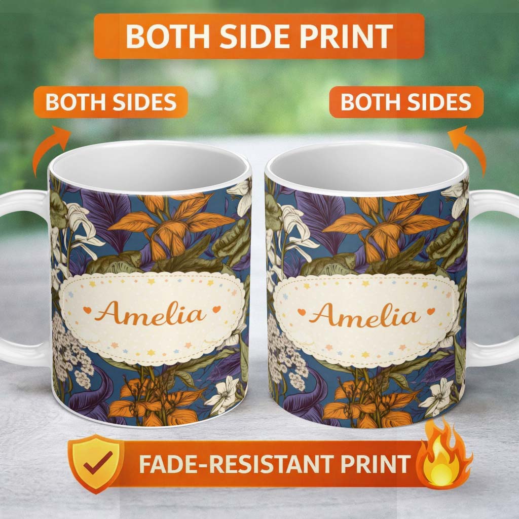 Personalized Custom Name Dark Botanical Floral Vintage Garden Seamless Pattern Lovely 11oz Ceramic Coffee Tea Mug White Large Handle