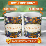 Personalized Custom Name Dark Botanical Floral Vintage Garden Seamless Pattern Lovely 11oz Ceramic Coffee Tea Mug White Large Handle