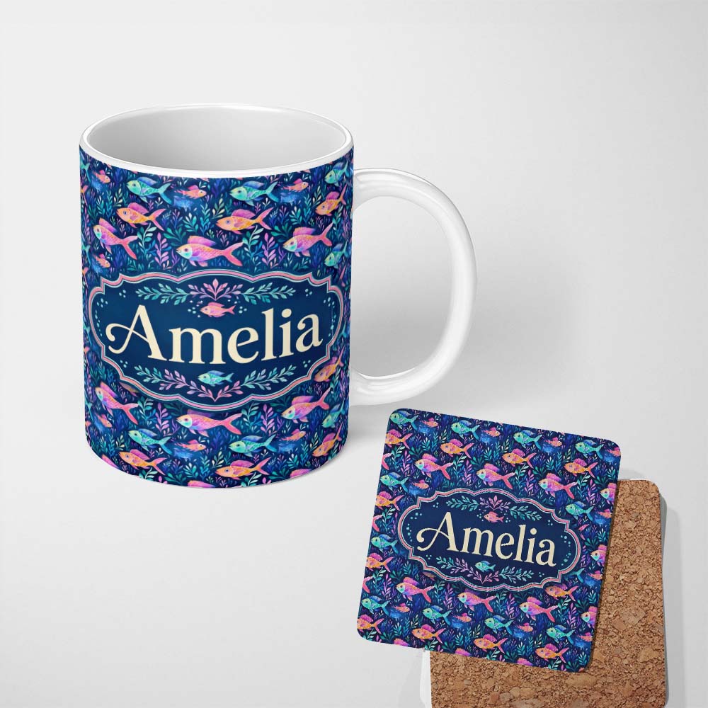 Personalized Custom Name Bright Tropical Fish and Coral Reef Pattern in Vibrant Neon Colours 11oz Ceramic Coffee Tea Mug White Large Handle