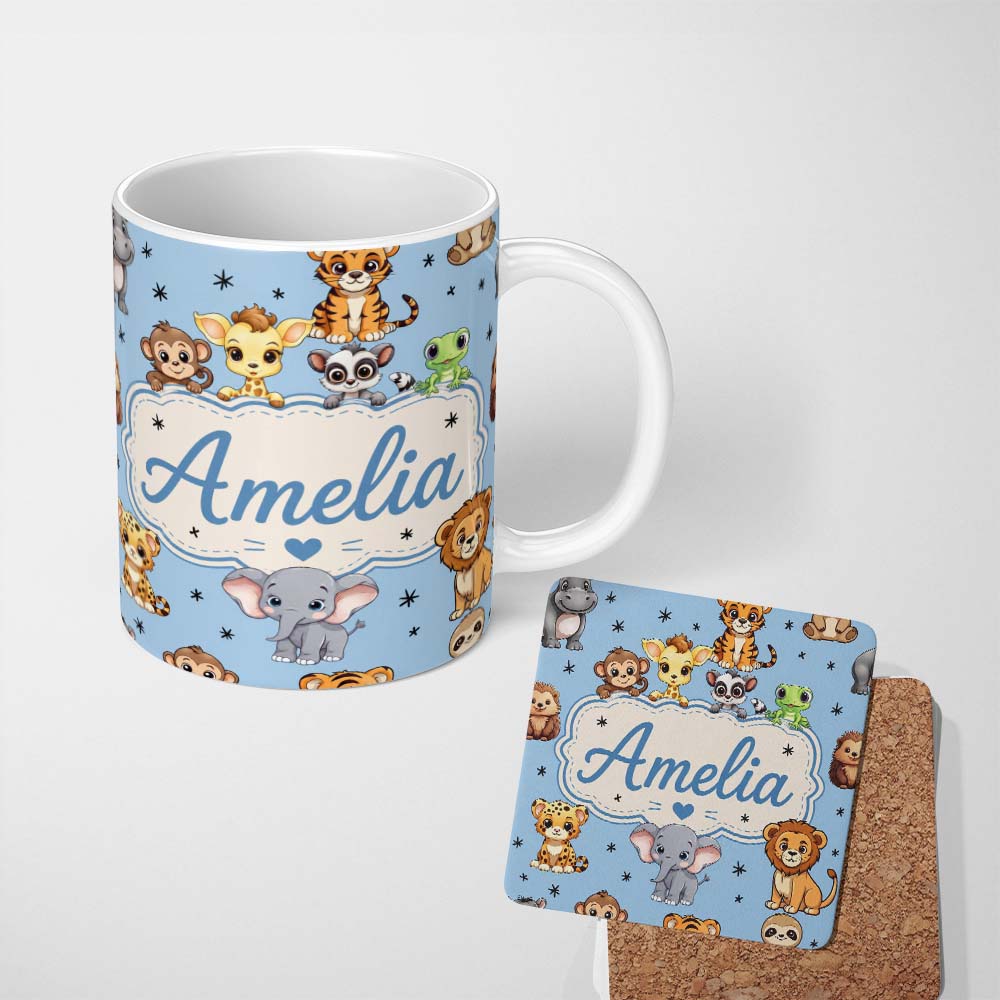 Personalized Custom Name Cute Jungle Baby Animals Lion Tiger Elephant Giraffe Sky Blue Lovely 11oz Ceramic Coffee Tea Mug White Large Handle