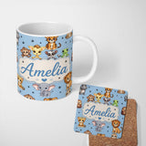 Personalized Custom Name Cute Jungle Baby Animals Lion Tiger Elephant Giraffe Sky Blue Lovely 11oz Ceramic Coffee Tea Mug White Large Handle