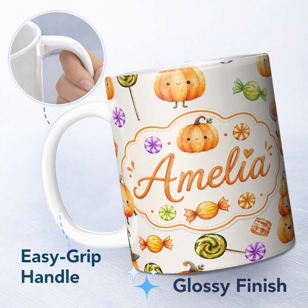 Personalized Custom Name Cute Watercolor Pumpkins and Candy Sweets on Teal Green Background 11oz Ceramic Coffee Tea Mug White Large Handle