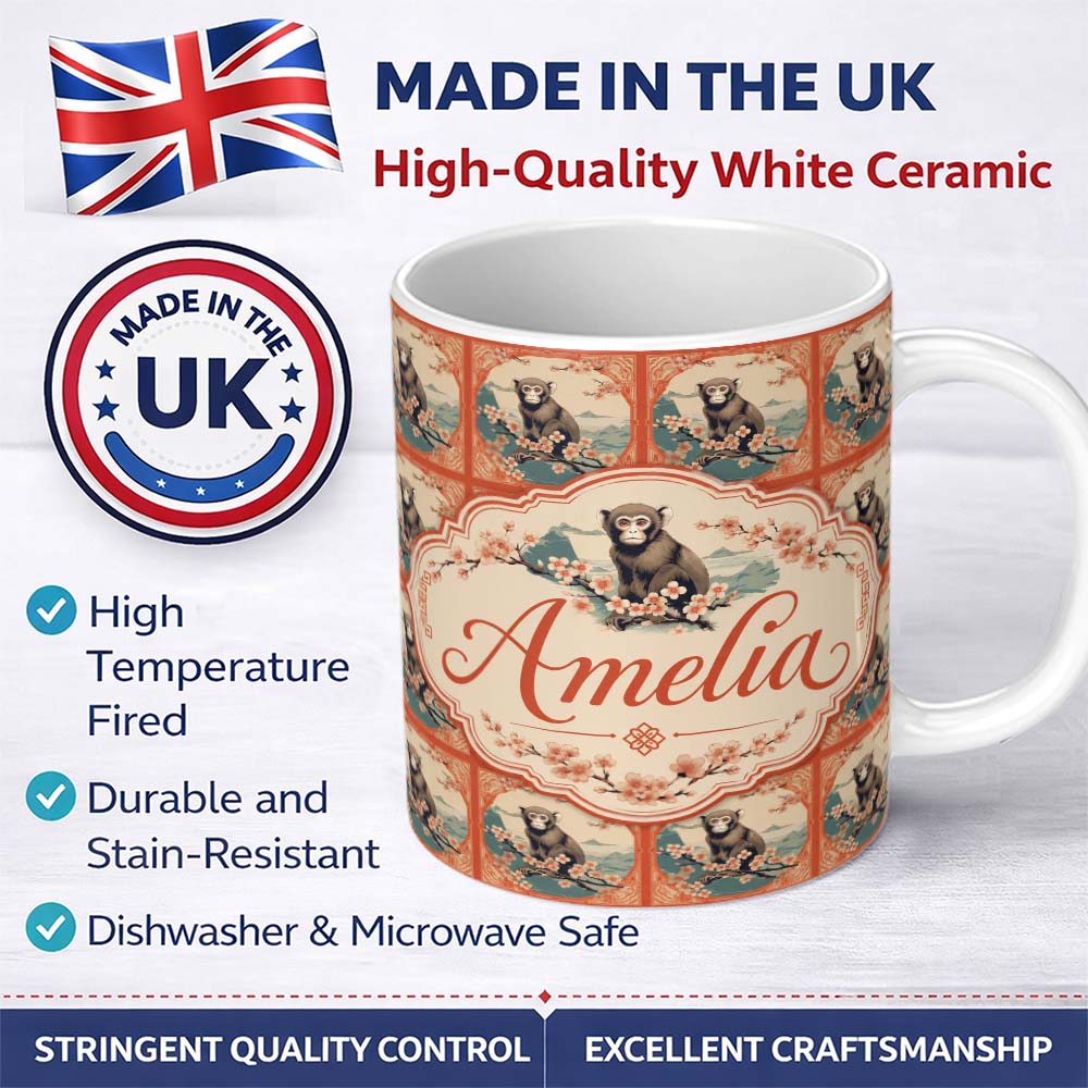 Personalized Custom Name Oriental Style Monkey Blossom Frame Pattern Coral Background Lovely 11oz Ceramic Coffee Tea Mug White Large Handle