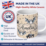 Personalized Custom Name Cute Baby Bats Flying with Stars Soft Sand Background Seamless 11oz Ceramic Coffee Tea Mug White Large Handle