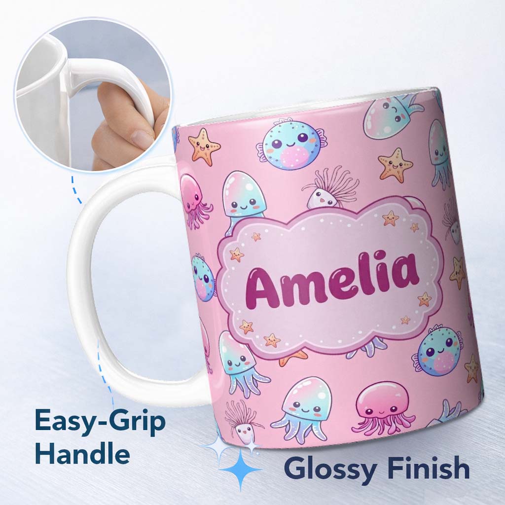 Personalized Custom Name Kawaii Jellyfish Puffer Fish Starfish Pastel Ocean Creatures Rose 11oz Ceramic Coffee Tea Mug White Large Handle
