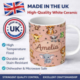 Personalized Custom Name Cute Jungle Baby Animals Lion Tiger Elephant Giraffe Pattern Peach 11oz Ceramic Coffee Tea Mug White Large Handle