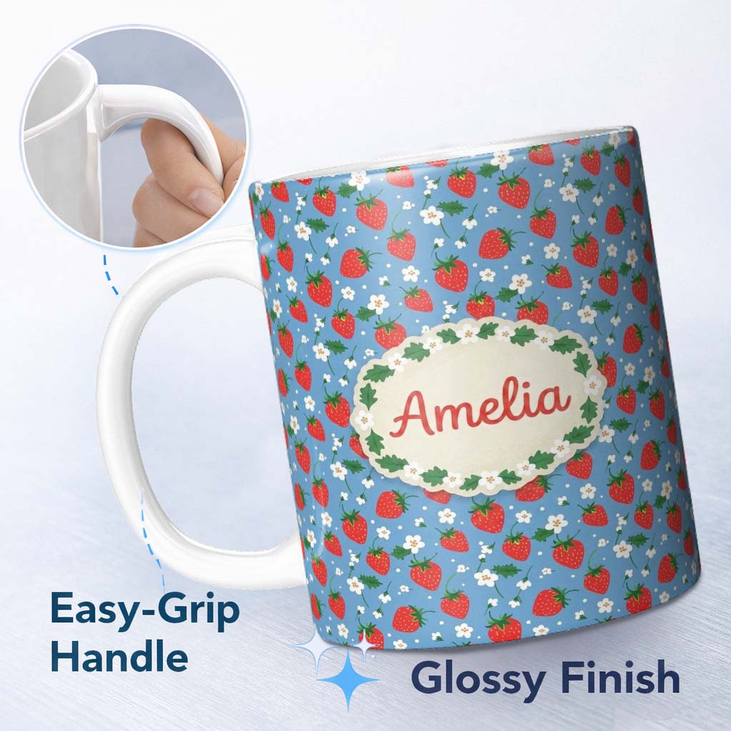 Personalized Custom Name Cute Simple Strawberries and Flowers on Blue Background Seamless 11oz Ceramic Coffee Tea Mug White Large Handle