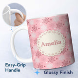 Personalized Custom Name Soft Pink White Snowflake Polka Dot Winter Seamless Pattern Lovely 11oz Ceramic Coffee Tea Mug White Large Handle