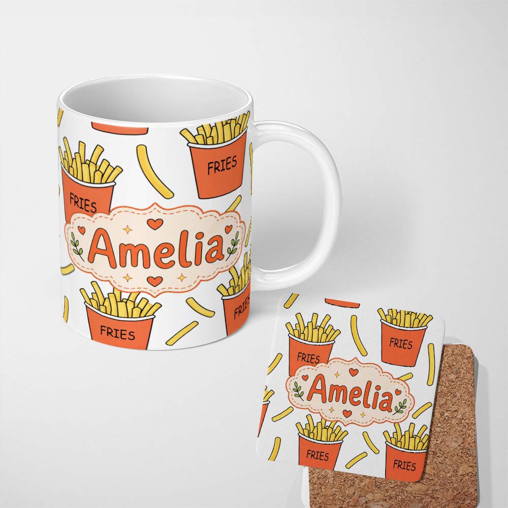 Personalized Custom Name Cute French Fries Cartoon Snack Food Light Grey Background Seamless 11oz Ceramic Coffee Tea Mug White Large Handle