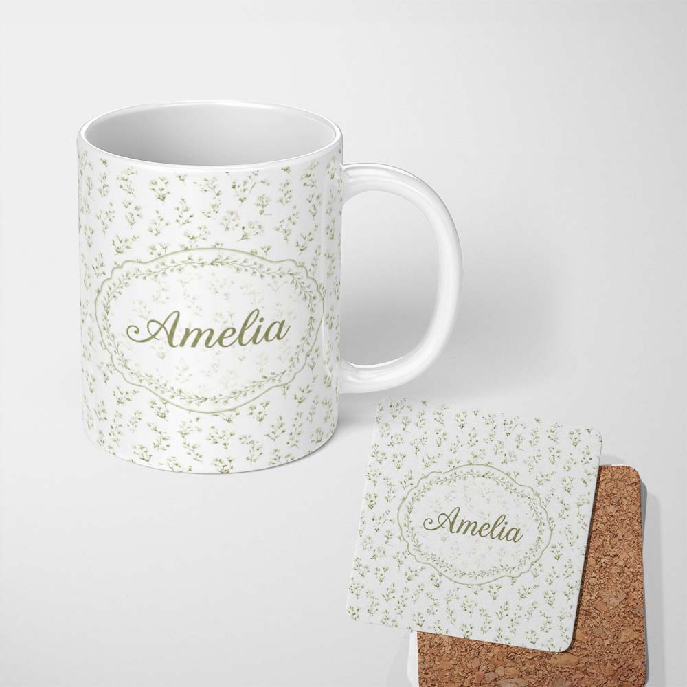 Personalized Custom Name Delicate White Floral Sprig Minimal Seamless Pattern Lovely 11oz Ceramic Coffee Tea Mug White Large Handle