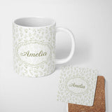 Personalized Custom Name Delicate White Floral Sprig Minimal Seamless Pattern Lovely 11oz Ceramic Coffee Tea Mug White Large Handle