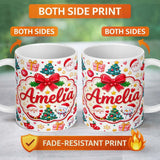 Personalized Custom Name Cute Christmas Tree Snowman Gift Box Ornament Seamless Pattern 11oz Ceramic Coffee Tea Mug White Large Handle