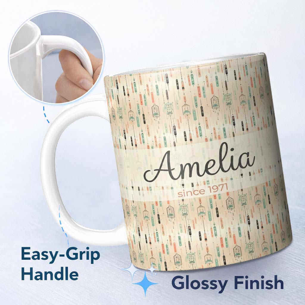 Personalized Custom Name Boho Hanging Feathers and Birdcages Neutral Background Seamless 11oz Ceramic Coffee Tea Mug White Large Handle