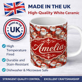Personalized Custom Name Vintage Style Santa Faces Snowy Red Background Christmas Seamless 11oz Ceramic Coffee Tea Mug White Large Handle
