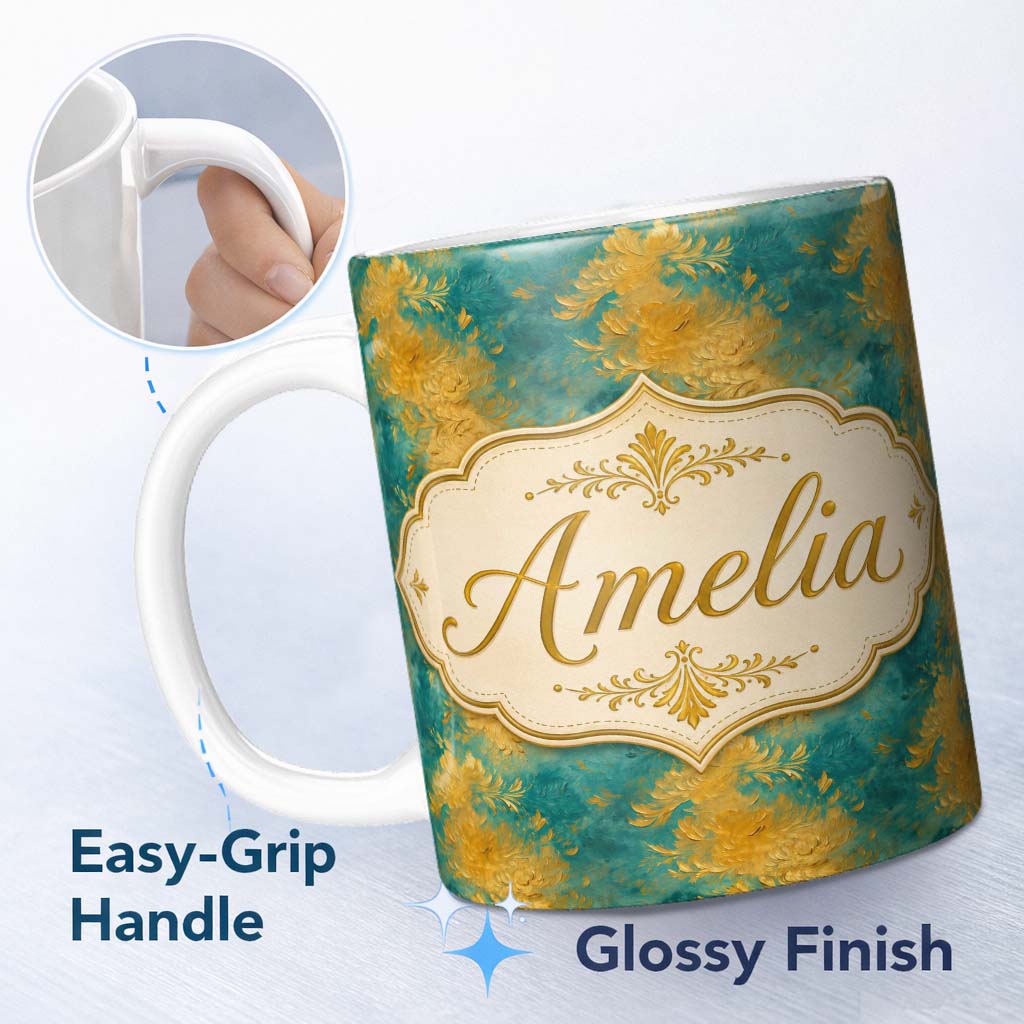 Personalized Custom Name Teal and Gold Abstract Floral Swirl Seamless Pattern with Painterly 11oz Ceramic Coffee Tea Mug White Large Handle