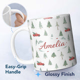 Personalized Custom Name Winter Forest Red Car Christmas Tree Pattern Seamless Design Lovely 11oz Ceramic Coffee Tea Mug White Large Handle
