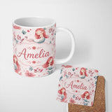 Personalized Custom Name Cute Little Mermaids with Soft Floral Background Seamless Pattern 11oz Ceramic Coffee Tea Mug White Large Handle